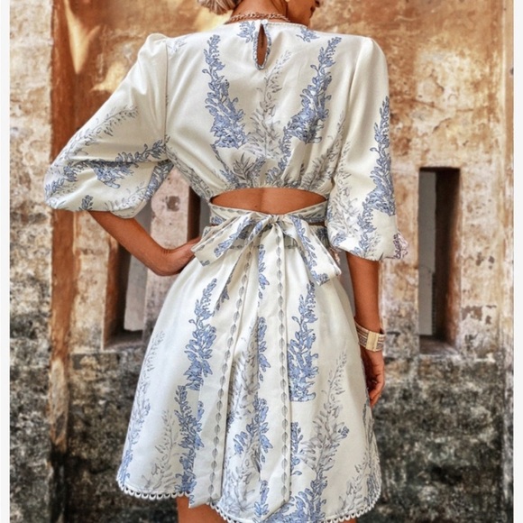 Boho Floral Print Cut Out Tie Back Cuff Sleeve Dress Small - Picture 5 of 9